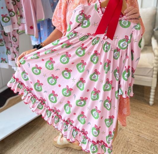 Pink long sleeves green face girls Christmas night dress