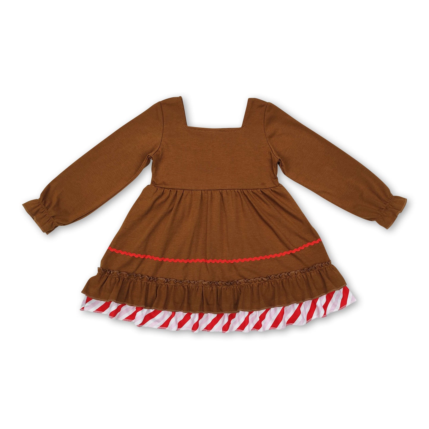 Long sleeves bow ruffle gingerbread girls Christmas dress