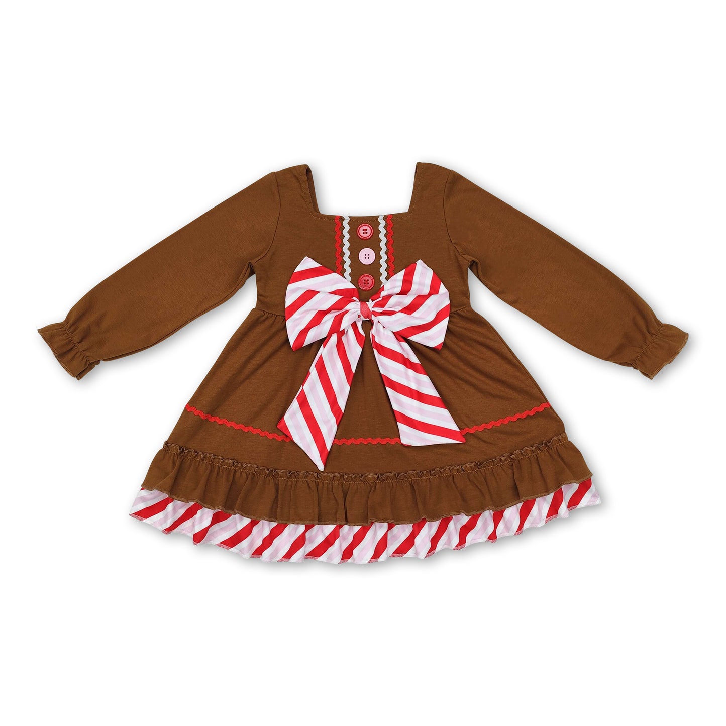 Long sleeves bow ruffle gingerbread girls Christmas dress