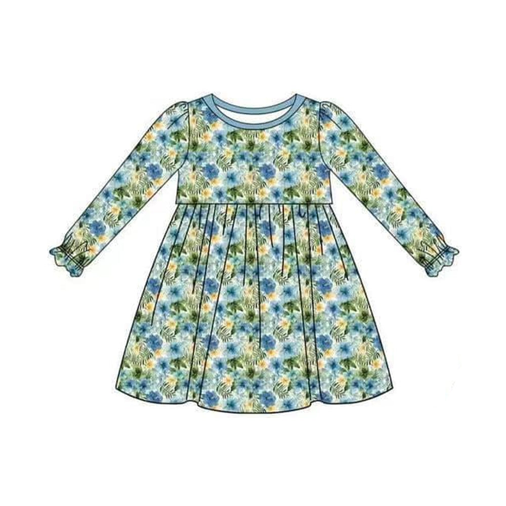 Blue floral long sleeves kids girls dresses