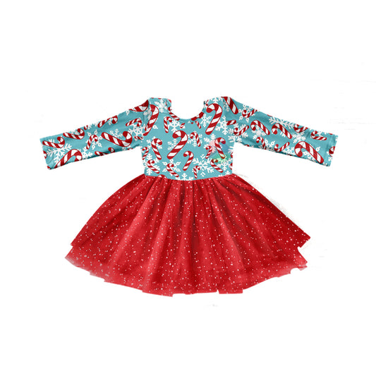 Long sleeves candy cane tulle girls Christmas dresses