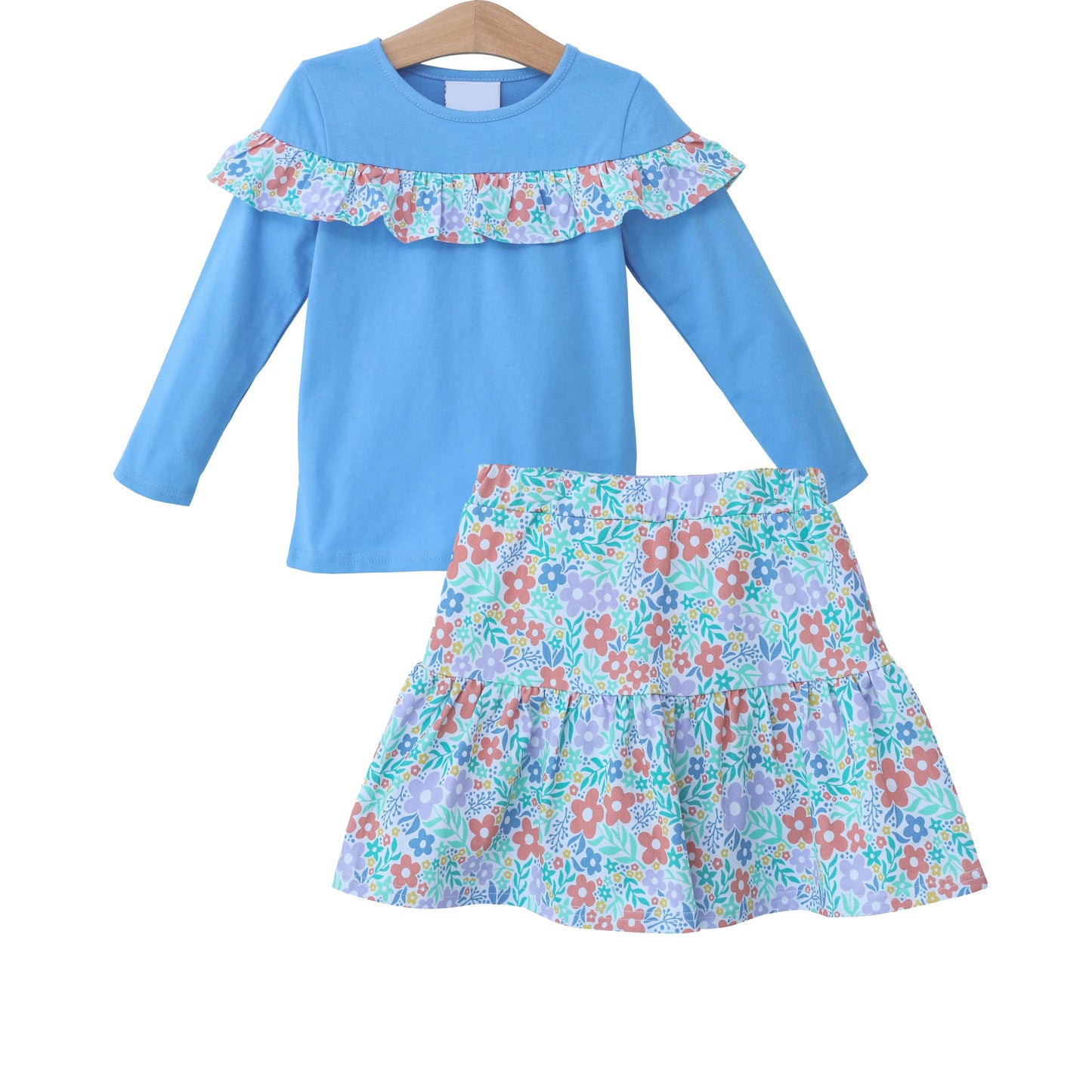 Blue long sleeves floral ruffle top skirt girls clothing set