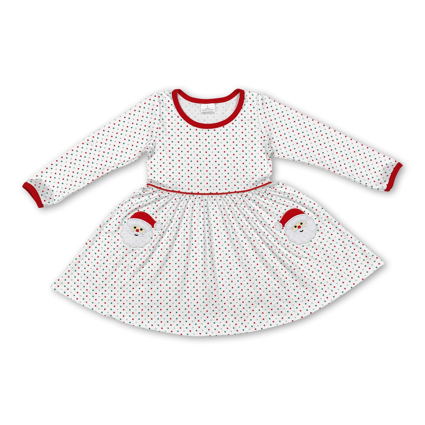 Long sleeves polka dots santa kids girls Christmas dress