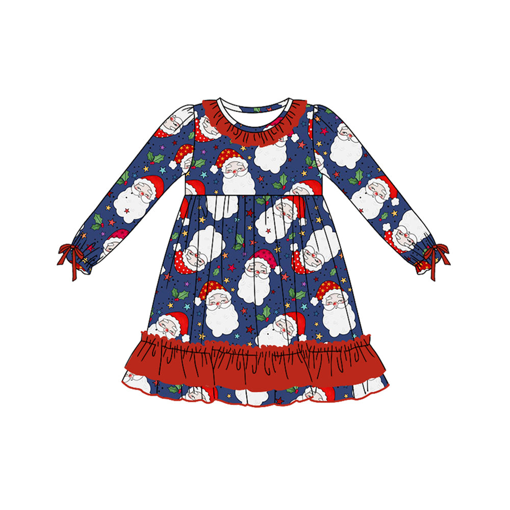 Blue santa long sleeves kids girls Christmas dresses