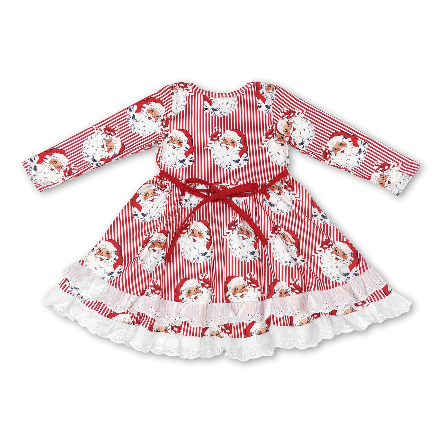 Long sleeves stripe santa kids girls Christmas dresses