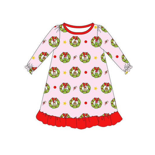 Pink long sleeves ruffle green face girls Christmas night dress