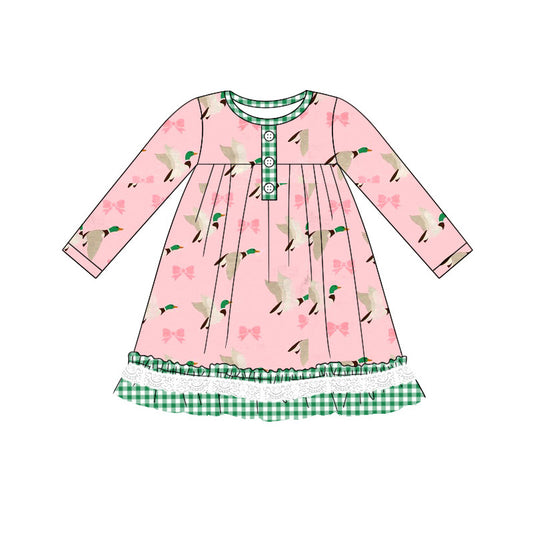Plaid pink bow duck ruffle kids girls dresses