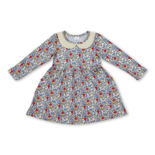 Long sleeves blue floral baby girls dresses