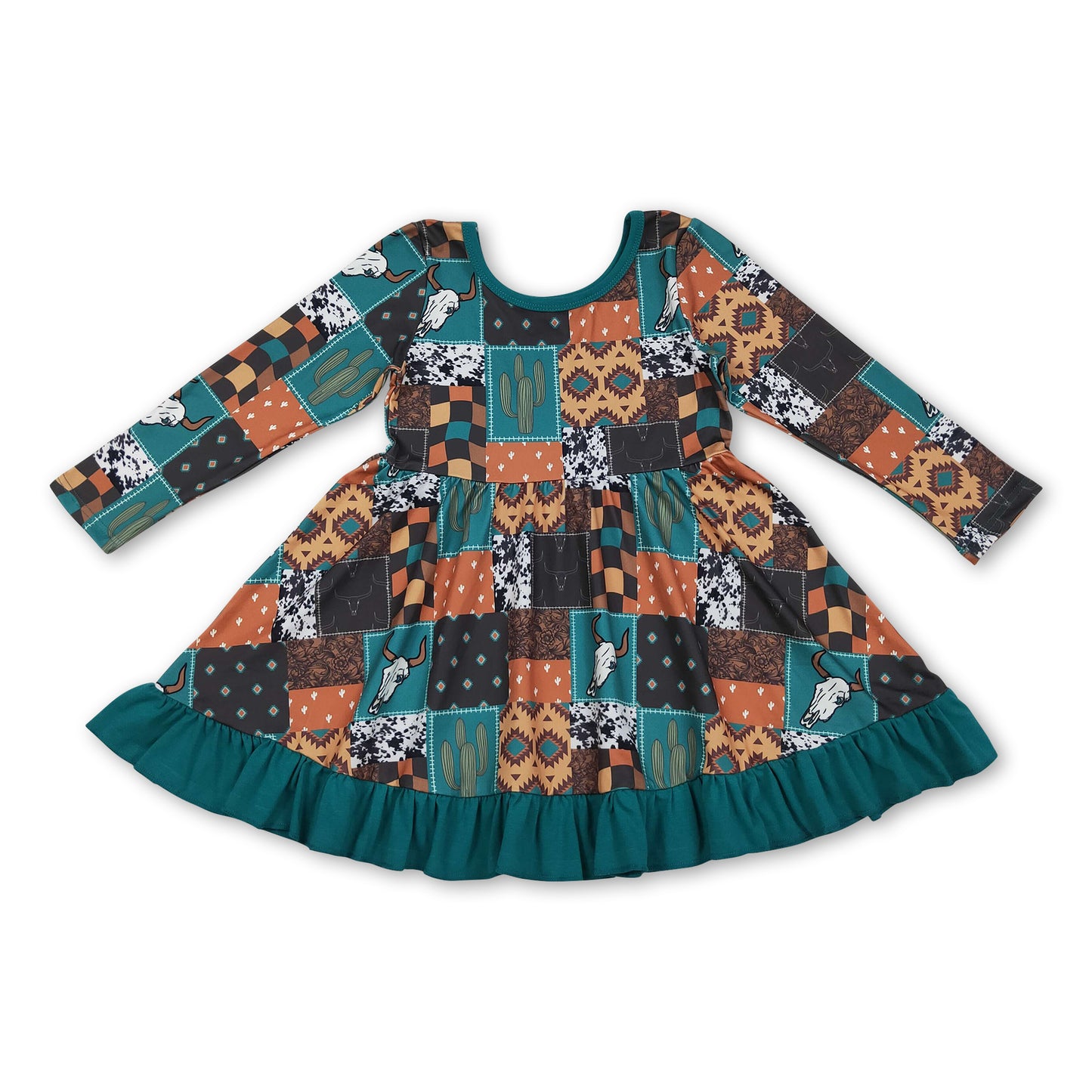 Long sleeves cactus bull skull patchwork girls western dress