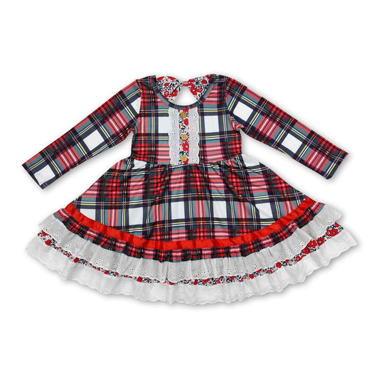 Long sleeves plaid floral ruffle girls Christmas dresses