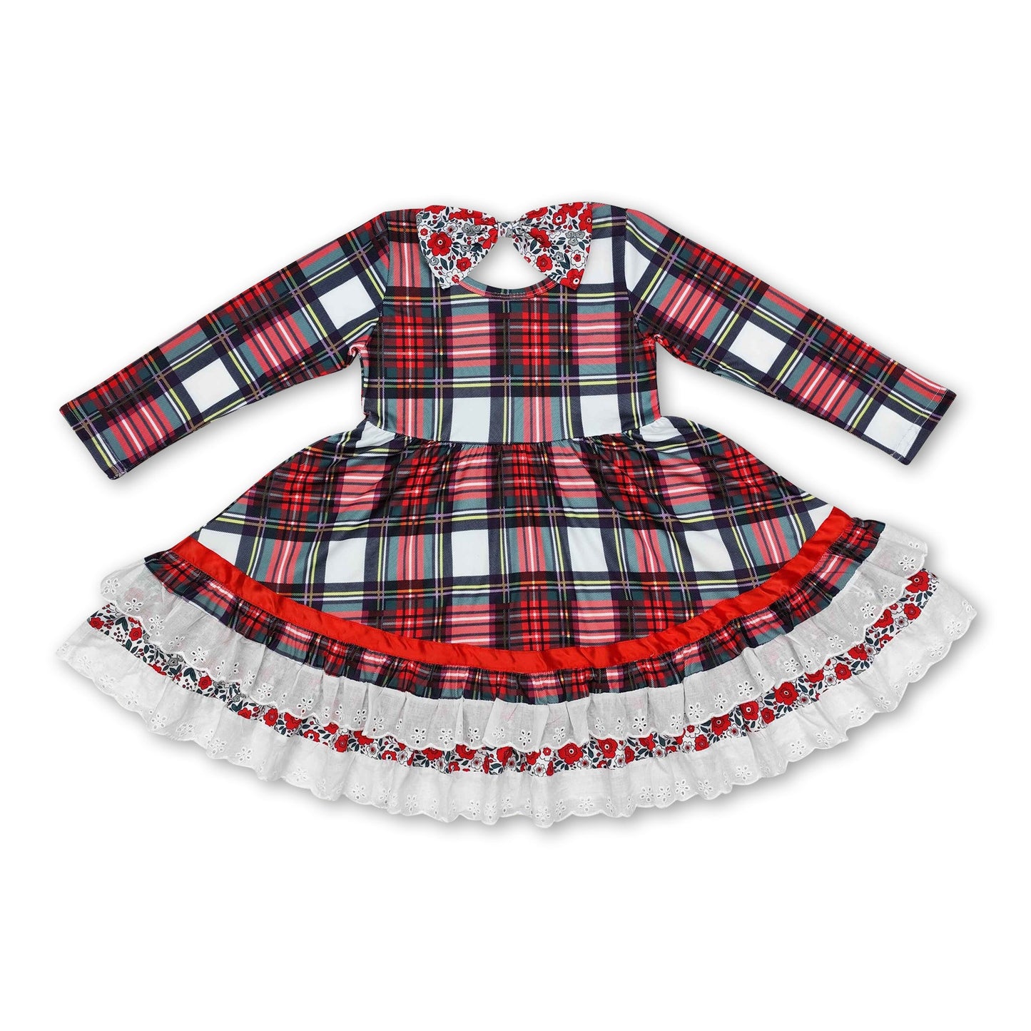 Long sleeves plaid floral ruffle girls Christmas dresses