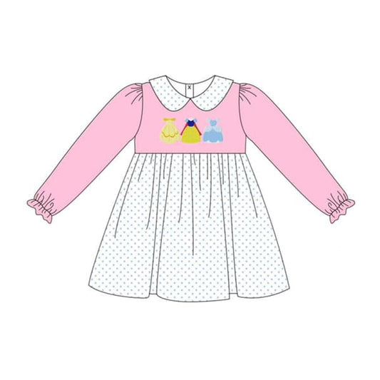 Long sleeves pink princess polka dots girls dresses