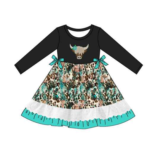 Black highland cow ruffle kids girls dresses