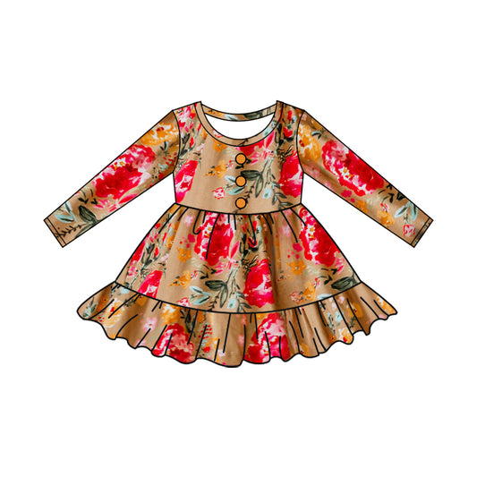 Long sleeves brown red flower baby girls dresses