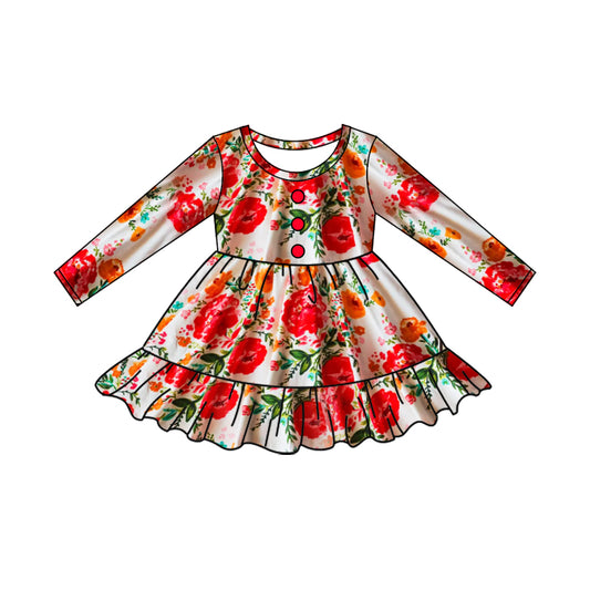 Long sleeves orange red flower baby girls dresses