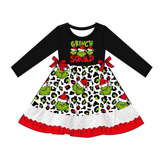 Green face squad leopard ruffle girls Christmas dress