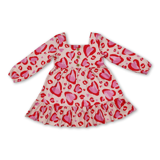 Long sleeves pink heart ruffle girls valentine's day dress