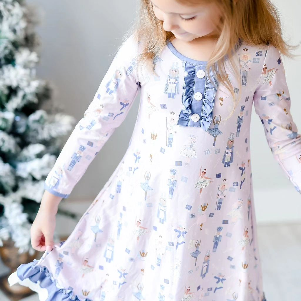 Long sleeves ruffle king ballet kids girls Christmas night dress