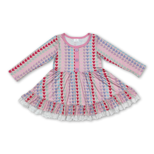 Long sleeves colorful heart ruffle baby girls valentine's dress