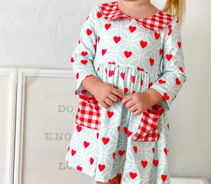 Red plaid pockets heart kids girls valentine's day dress