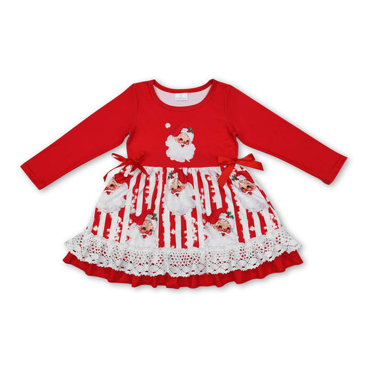 Red santa stripe ruffle kids girls Christmas dresses