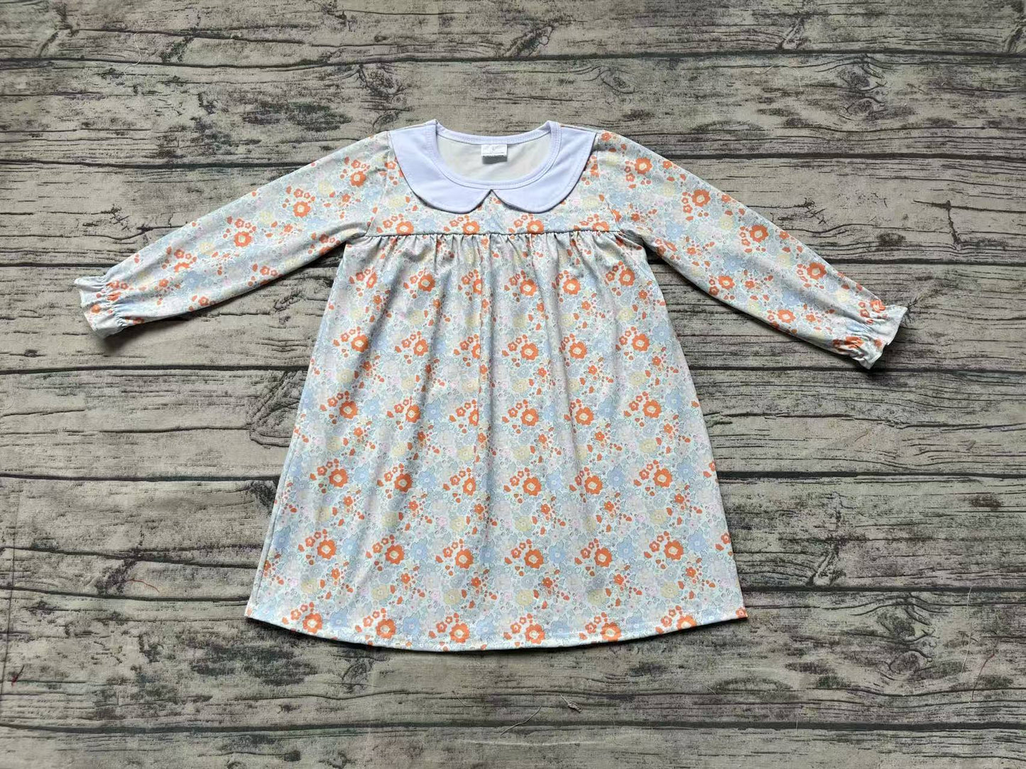 Pink light blue floral long sleeves kids girls dresses