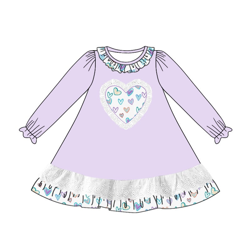 Lavender long sleeves heart ruffle girls valentine's dress