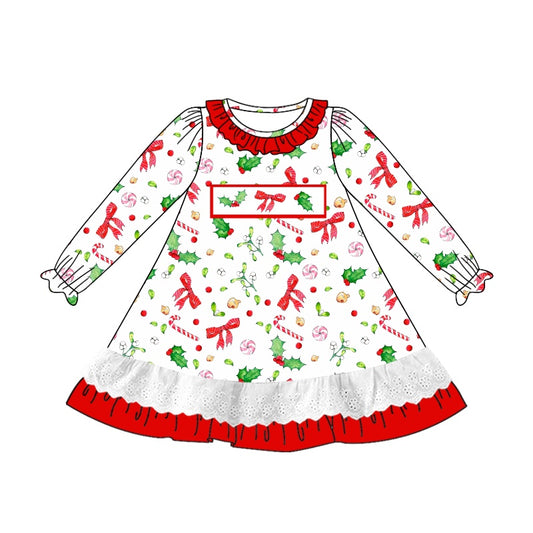 Berry bow candy cane long sleeves girls Christmas dresses