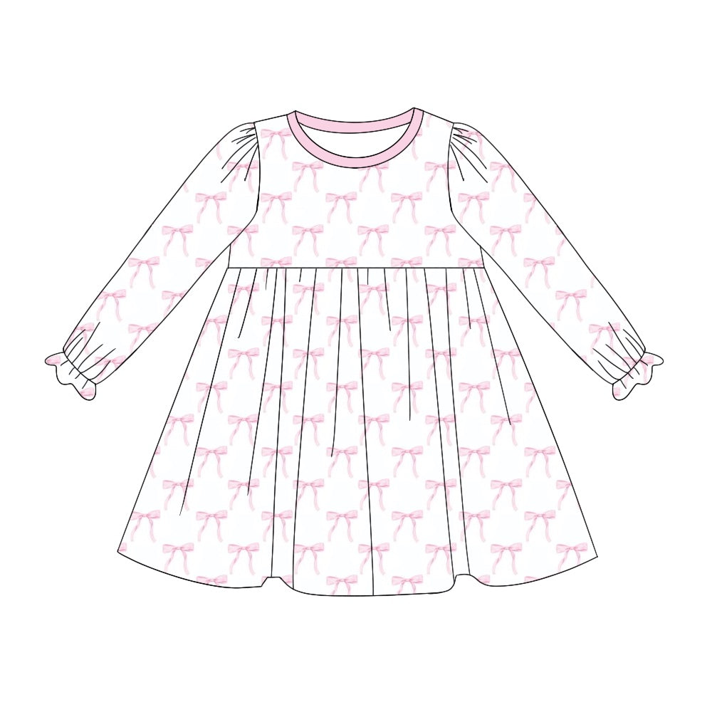 Pink bow long sleeves kids girls dresses