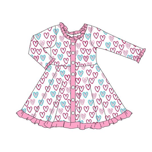 Ruffle long sleeves pink heart girls valentine's day dress