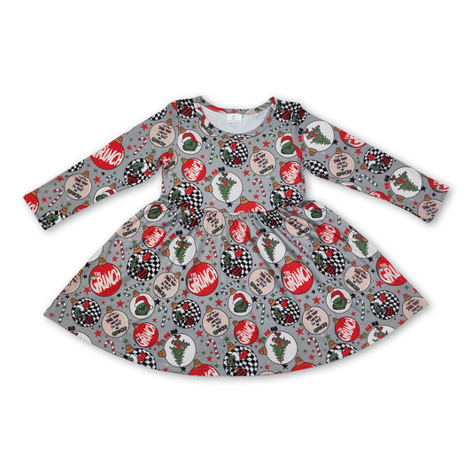 Long sleeves jingle bell green face girls Christmas dresses