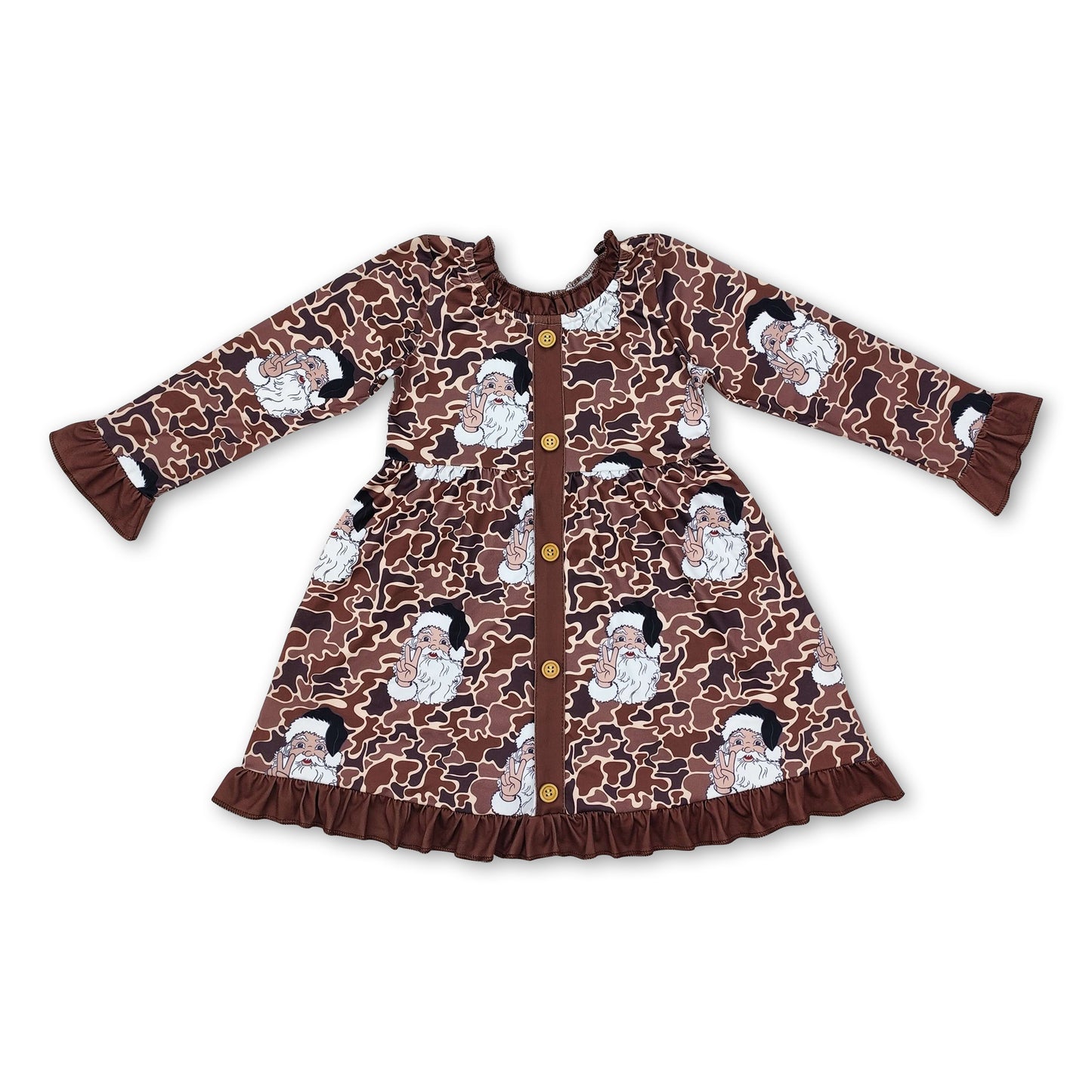 Long sleeves brown ruffle camo santa girls Christmas dresses