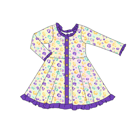 Purple ruffle leopard buttons girls mardi gras dresses