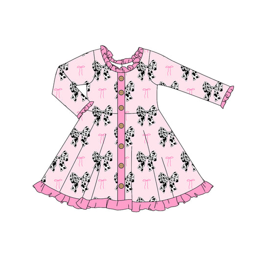 Pink ruffle cow print bows buttons girls dresses