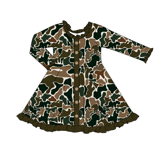 Ruffle long sleeves camo buttons girls dresses