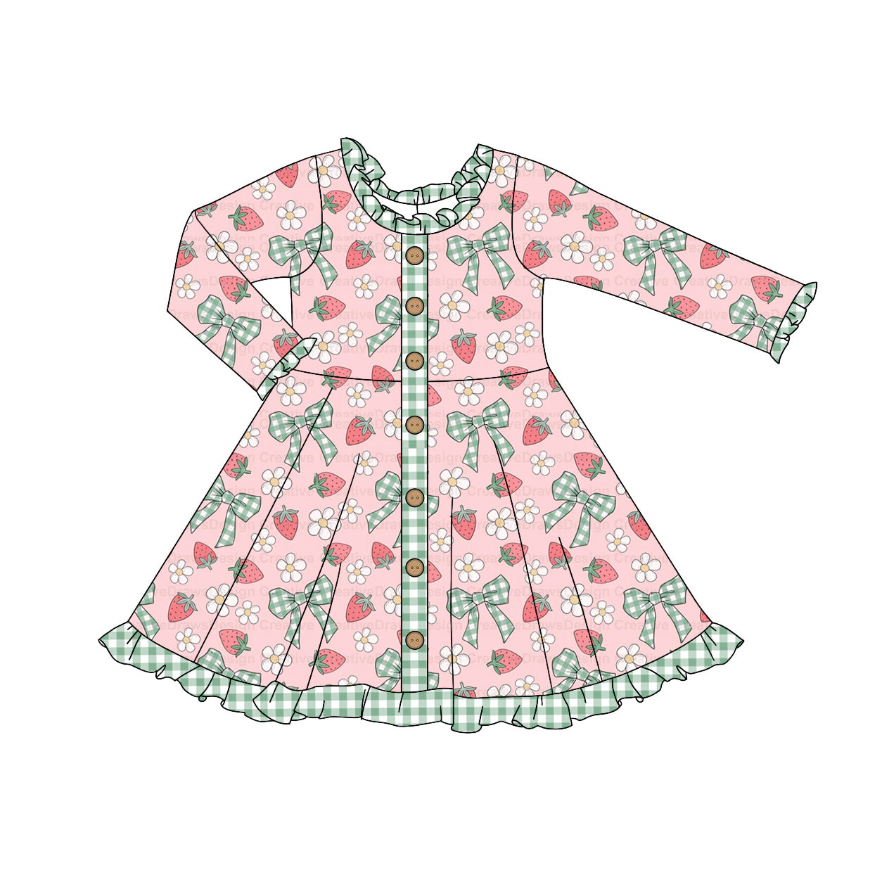 Green plaid bow strawberry ruffle girls dresses