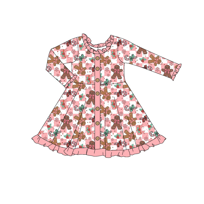 Ruffle buttons pink plaid gingerbread girls Christmas dress