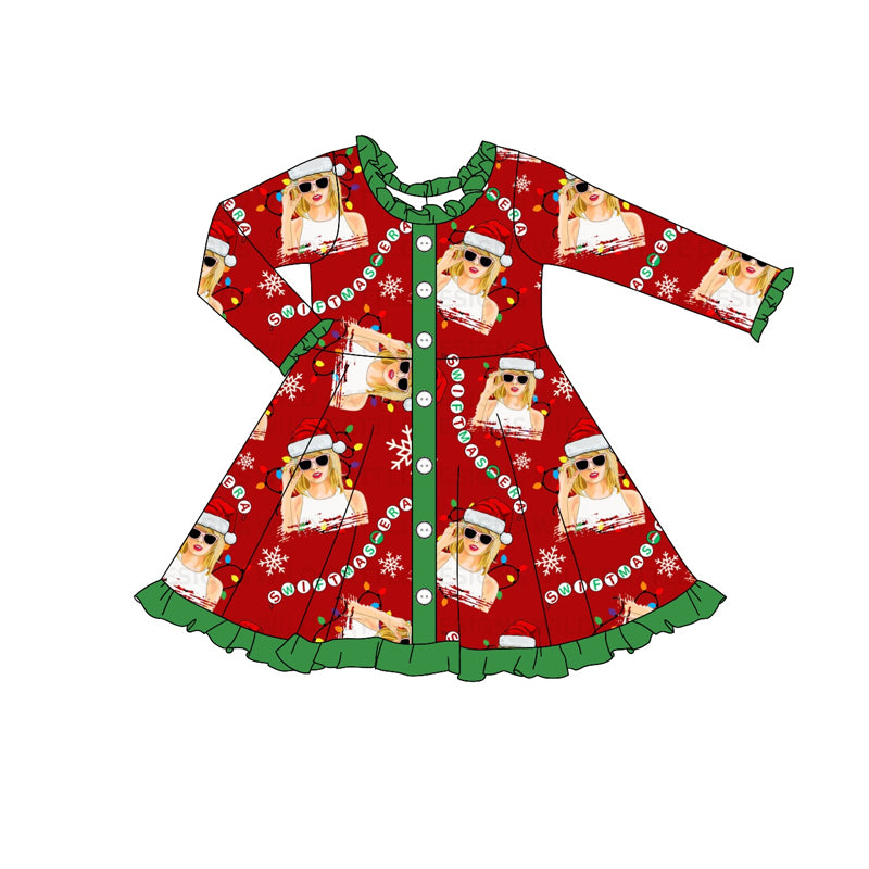 Ruffle buttons merry Christmas singer girls dresses