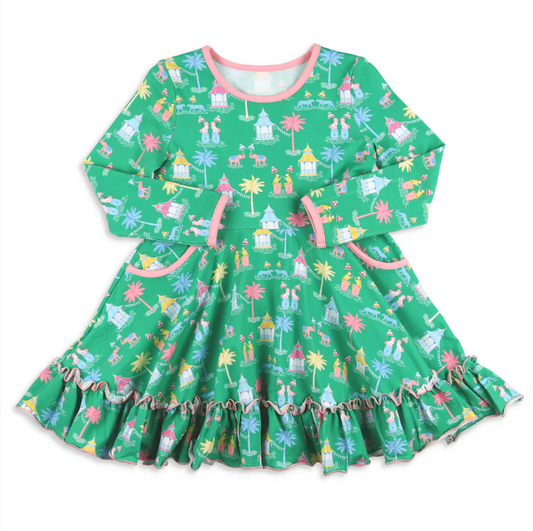 Green long sleeves pockets ruffle baby girls dresses