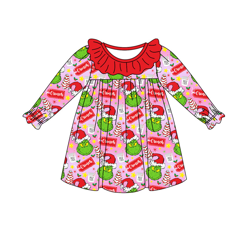 Red ruffle green face baby girls Christmas dresses