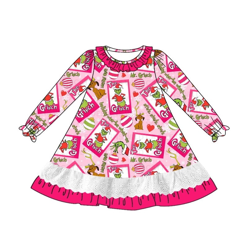 Hot pink ruffles green face kids girls Christmas dress