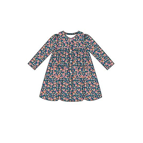 Long sleeves floral pockets baby girls dresses