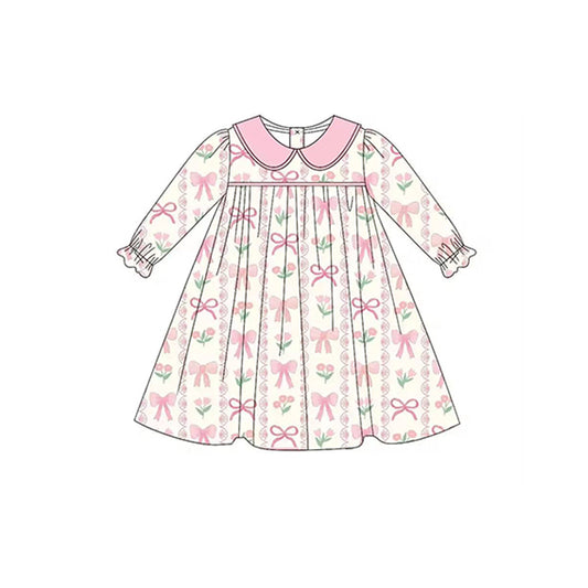 Long sleeves pink bow floral baby girls dresses