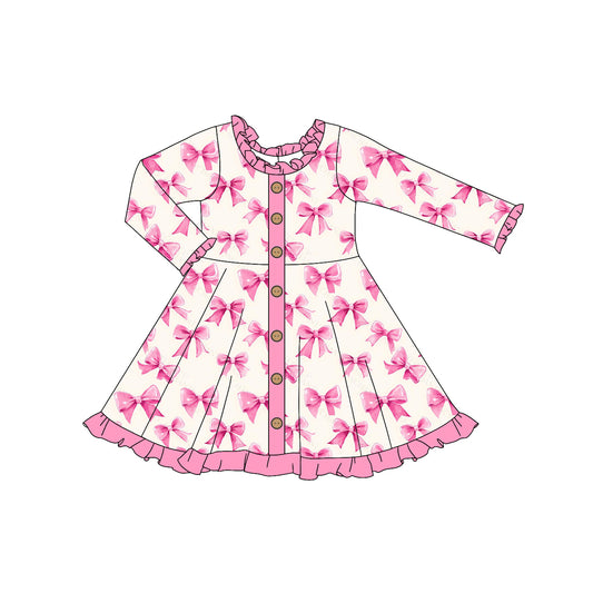 Pink bow ruffle long sleeves toddler girls dresses