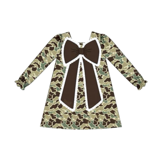 Brown bow camo long sleeves kids girls dresses