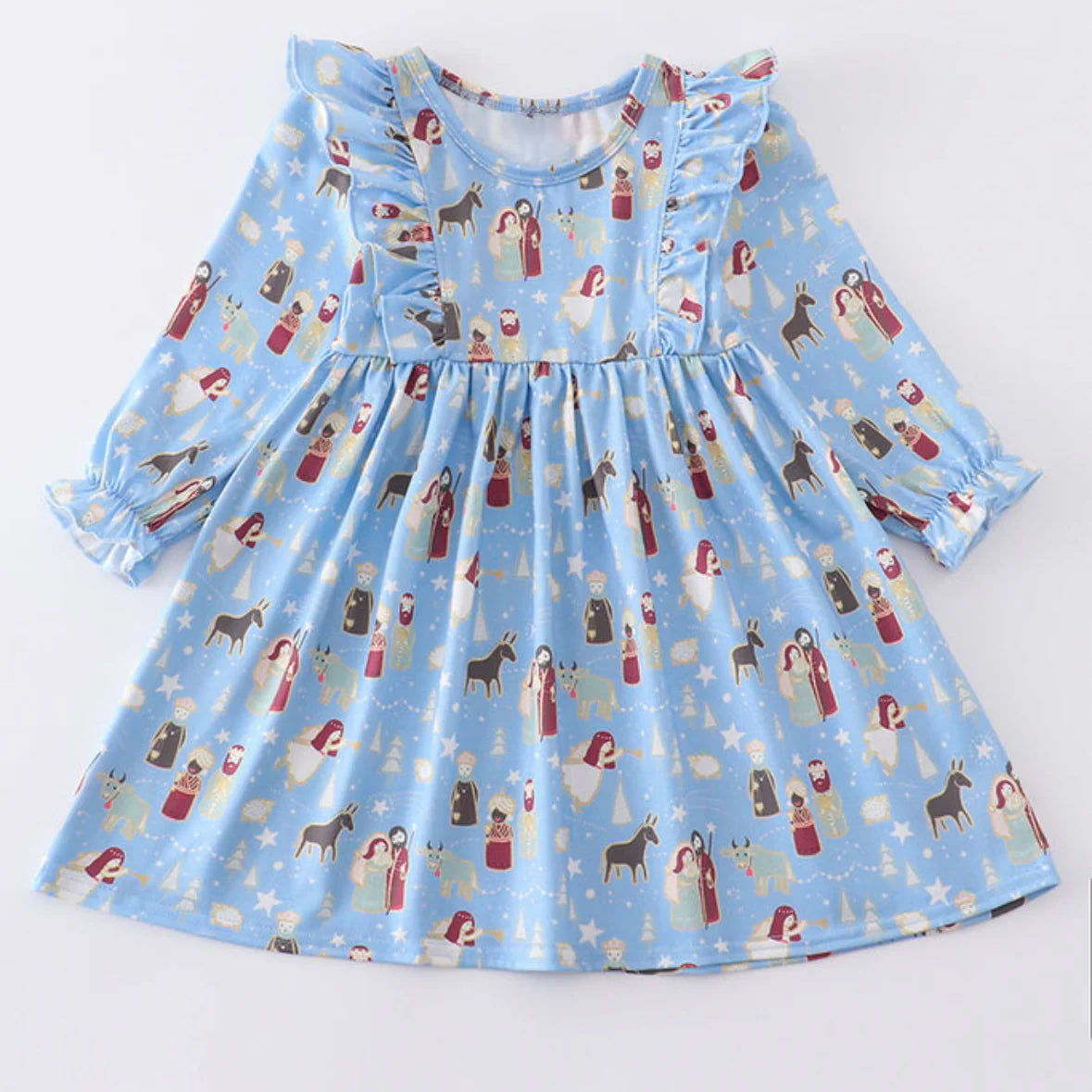 Light blue long sleeves nativity kids girls Christmas dress