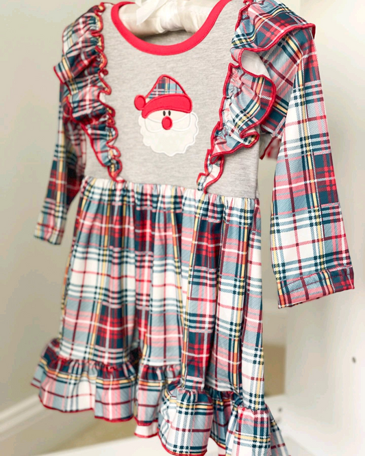 Plaid long sleeves grey santa kids girls Christmas dresses