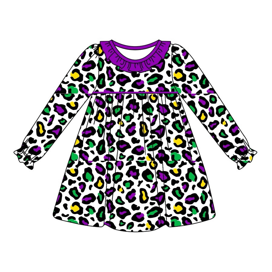 Purple ruffle leopard kids girls mardi gras dresses