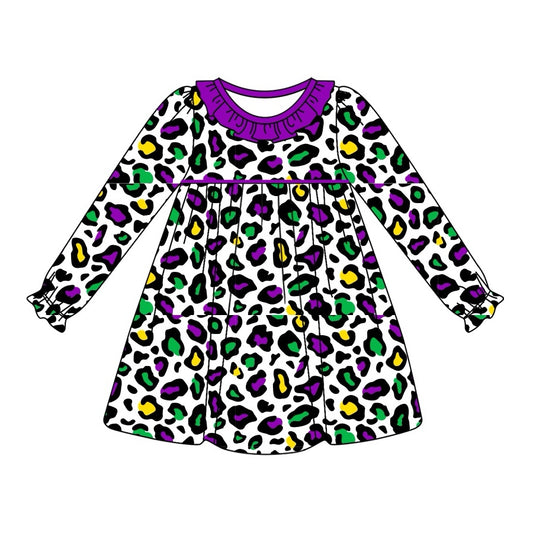 Purple ruffle leopard kids girls mardi gras dresses