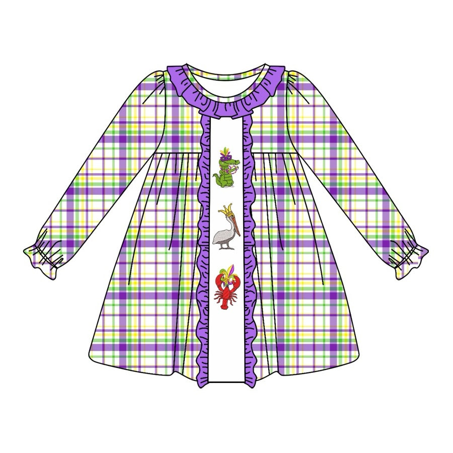 Plaid alligator pelican crawfish girls mardi gras dress